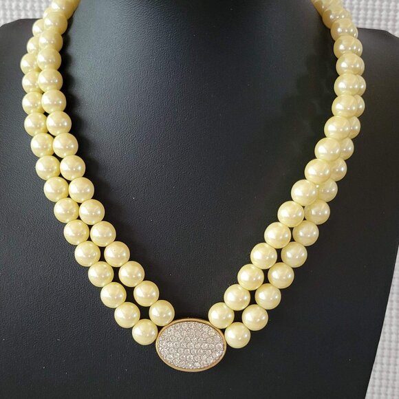 Avon Presidents Club Double Strand Faux Pearl Bead Rhinestone Choker Necklace - Picture 1 of 8